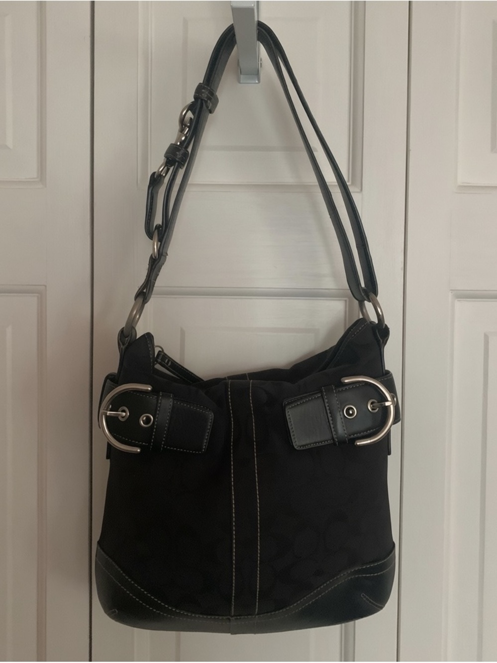 Vintage Coach signature black bag leather trim Silver tone 3574